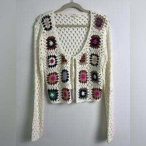 Debut Large Cream Crochet Knit Colorful Patchwork Open Sweater Bohemian